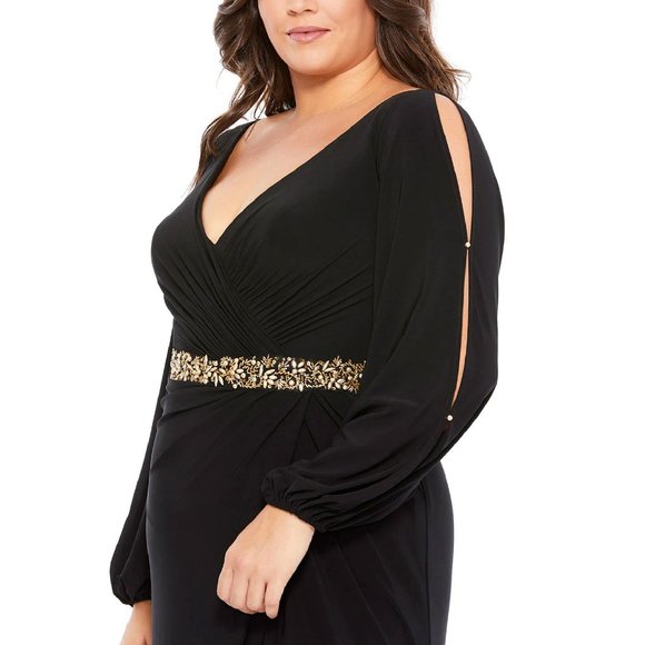 Mac Duggal Split Sleeve Surplice Gown (Plus) in Black Size 14W - Picture 4 of 11